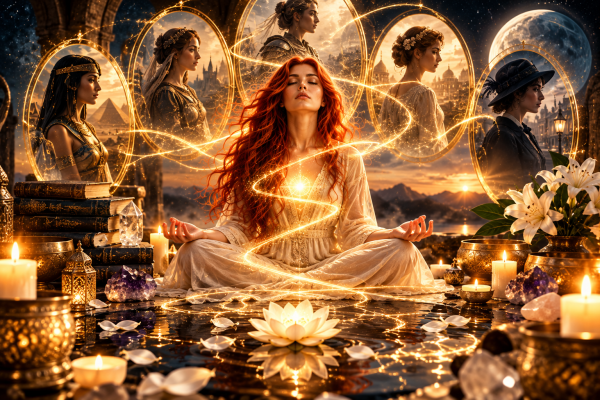 Limpieza del alma y nombres de vidas pasadas con Luna Vila. Mujer pelirroja meditando rodeada de portales que representan distintas existencias y memorias del alma.