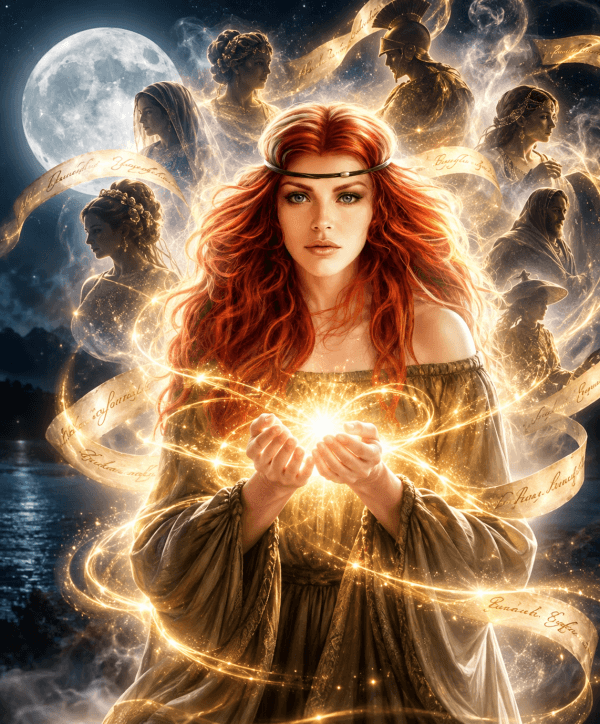 Luna Vila, limpieza espiritual del alma y nombres de vidas pasadas, representada mediante luz dorada, energía ancestral y una luna llena