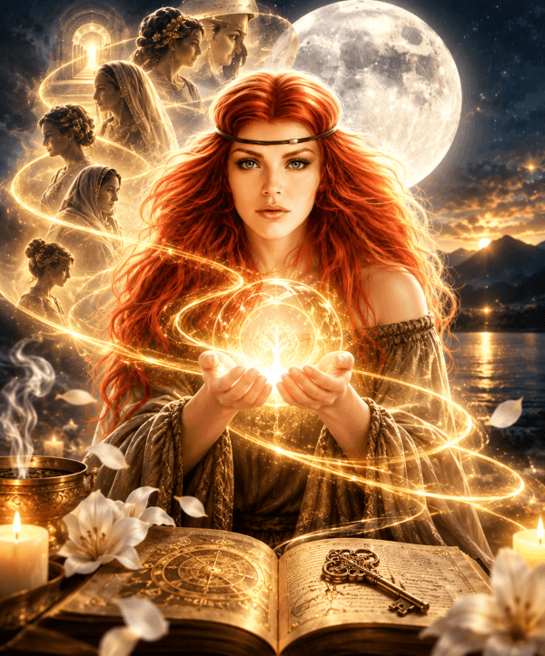 Limpieza del alma y nombres de vidas pasadas con Luna Vila, representada por una mujer pelirroja rodeada de luz dorada, memorias ancestrales y una luna llena.